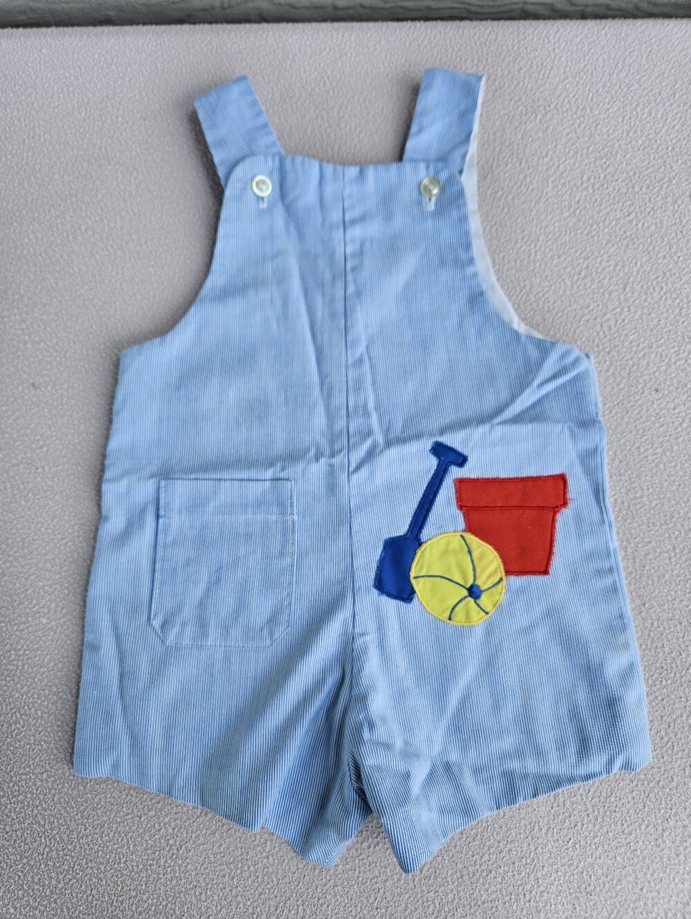 VTG Samara Shortall Romper Baby SZ 18 Months Blue Pinstripe Beach Ball Shovel